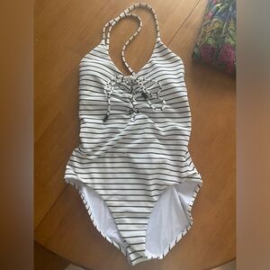 Red Carter Nautical Black and White Striped Plunge One Piece Bathing Suit